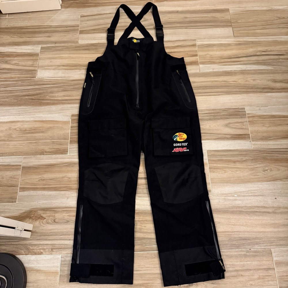 Bass Pro Shops 100MPH GORE-TEX Fishing Bibs Mens XL Black Waterproof Overalls